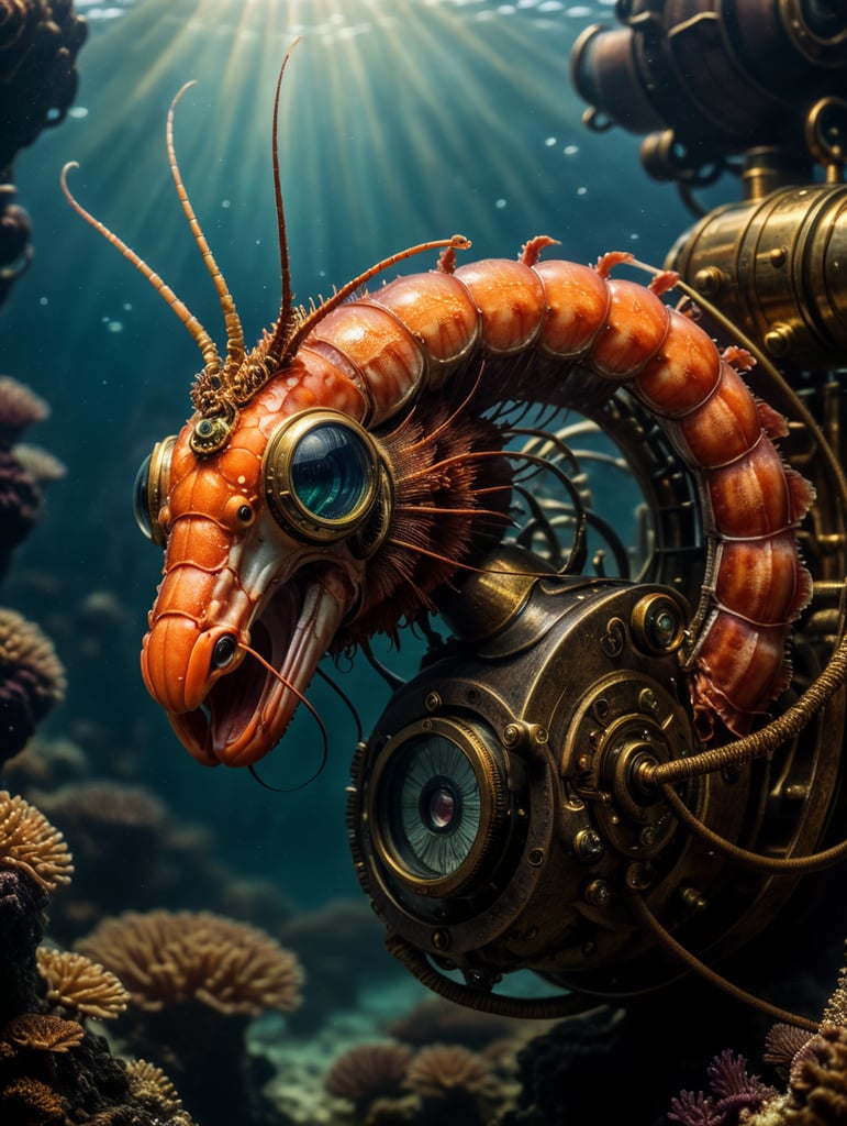image beautiful steampunk unique artwork fantasy, steampunk style deep sea shrimp (Sergestes similis), skilled steampunk craftsmanship, isolate, deep ocean dark setting,