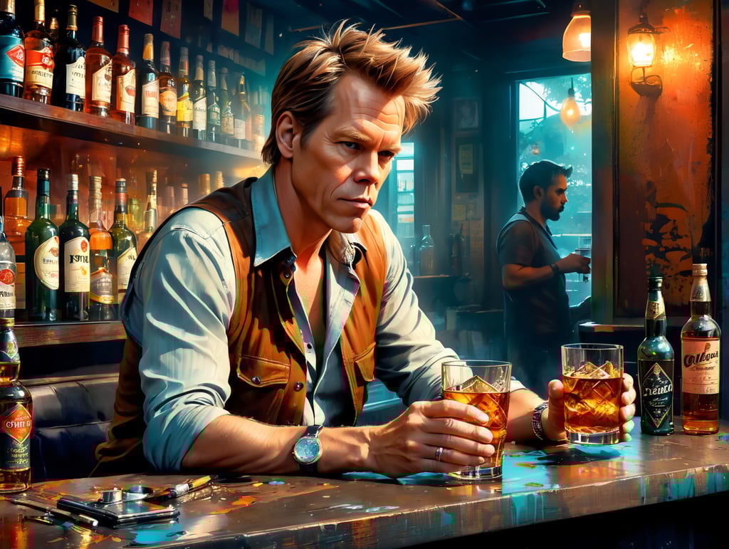 Kevin bacon down on his luck in a sleazy bar drinking scotch