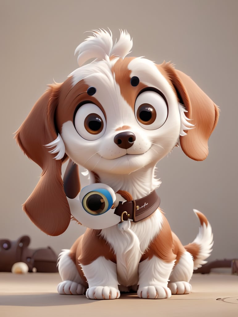 A dark brown and white dachshund with big eyes, floppy ears, in the style of a Pixar movie character