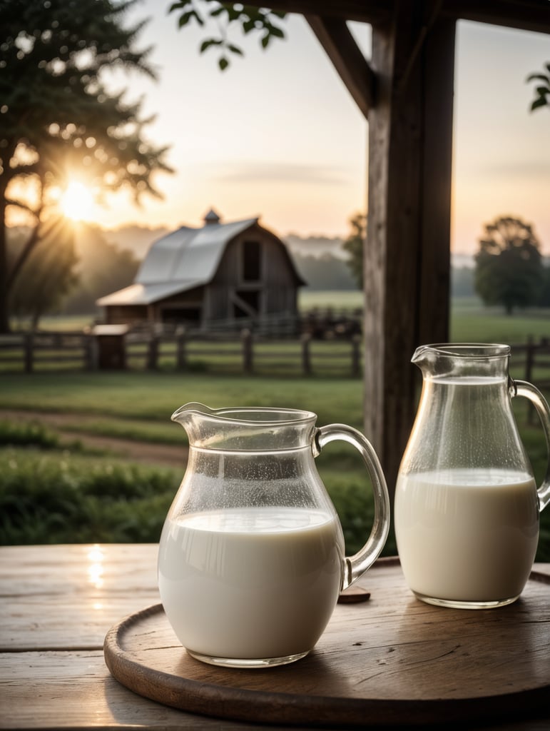A mockup of a jug of milk, early morning, farm blurred background