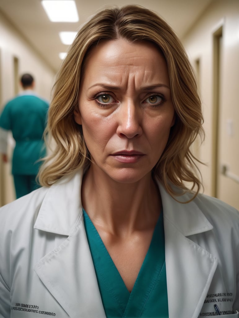 a 40-year-old female doctor, very tired, with an aged face, in a dirty white coat, unmotivated, working night shifts in a crowded hospital corridor, with many patients and nurses along the corridor. Wide view, vignet effect, light focus on face