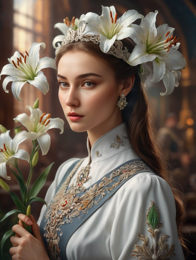 Lydia Vladimirovna Litvyak "White Lily of Stalingrad" intricately detailed, color depth, dramatic, side light, colorful background intricate details, beautifully shot, hyperrealistic, sharp focus, 64 megapixels, perfect composition, high contrast, cinematic, atmospheric, moody"