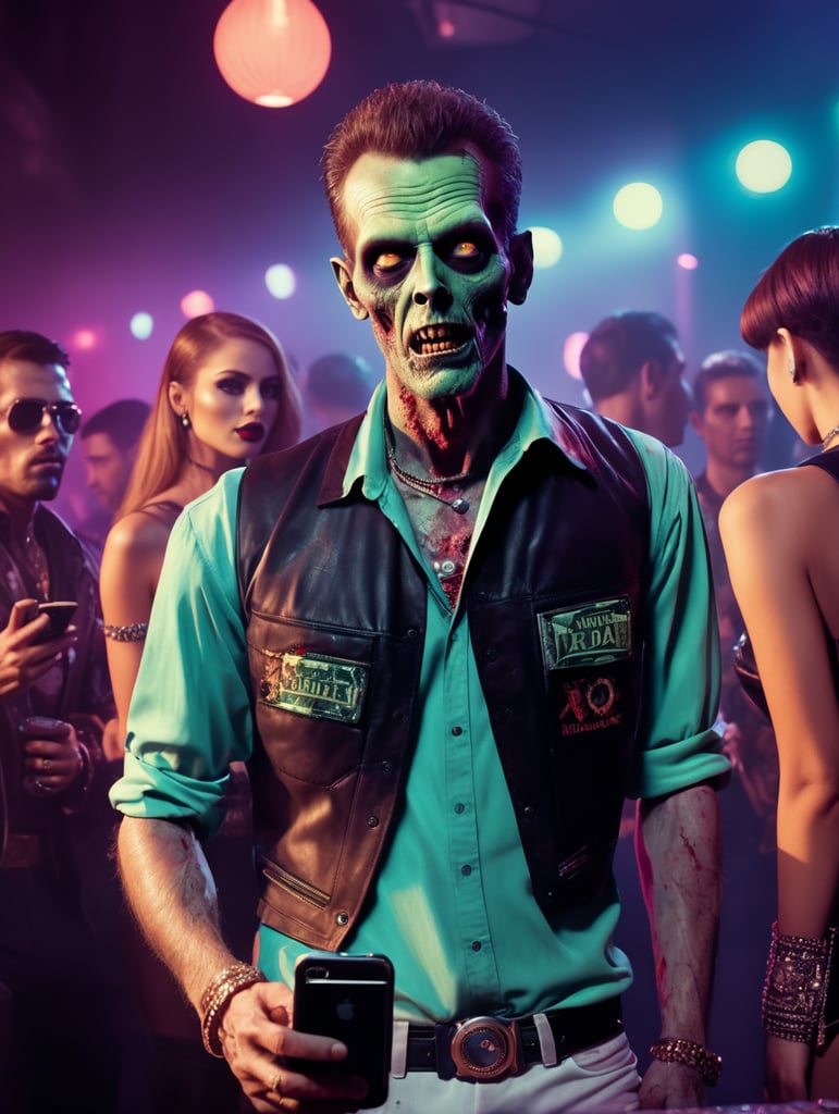 vintage movie cinematic still of a zombie wearing nightclub hip clothing, using an iPhone, in the style of 1990's party club flyers