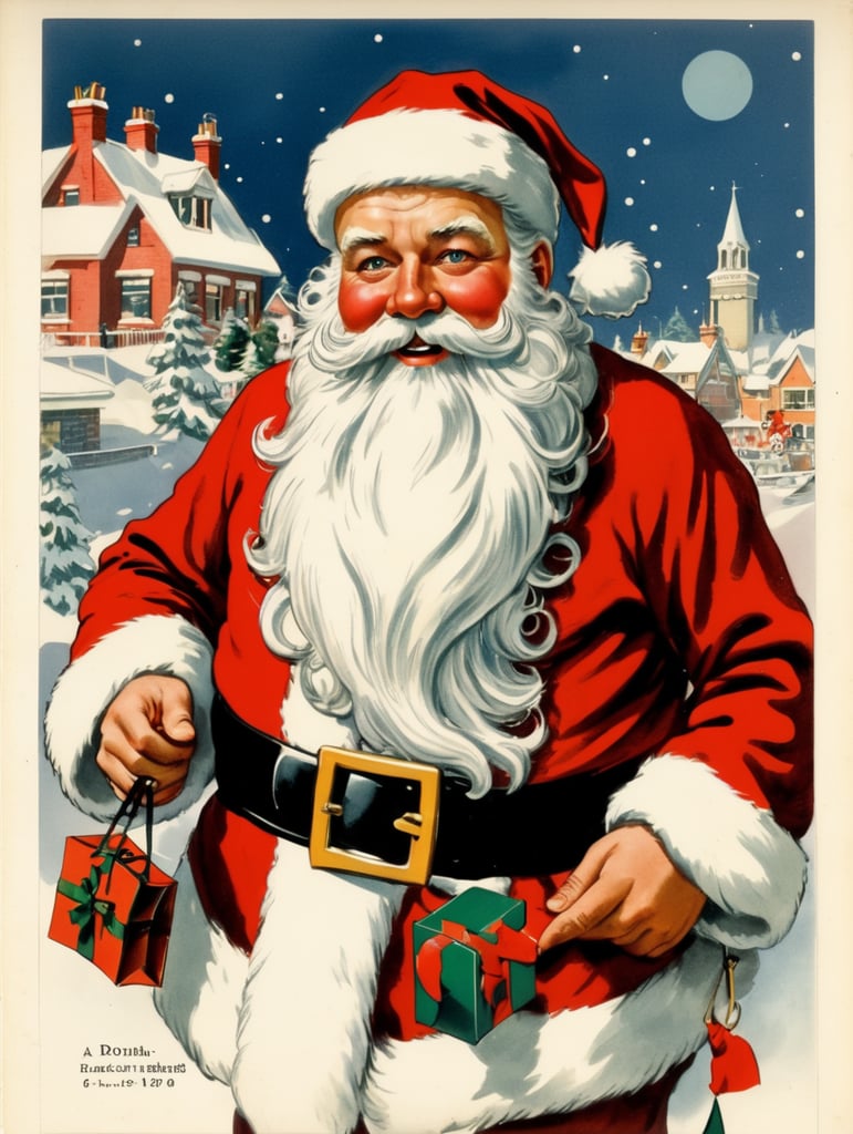 Illustration of a Santa in the style of Donald Fraser Gould McGill and a Bamforth postcard