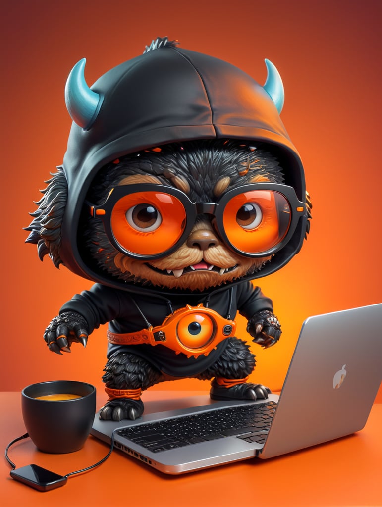 mascot monster typing laptop, a cute mascot character wearing black hoodie and glasses, orange color, funko pop, vibrant gradient background,