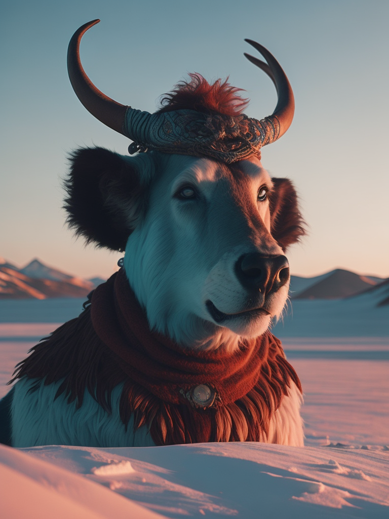 Screenshot from the film 2001 A Space Odyssey by Alejandro Jodorowsky, smiling viking Anthropomorphic buffalo creature in an ice desert North pole, Landscape photography, sunset northern lights, Wes Anderson photography, turquoise and pink white