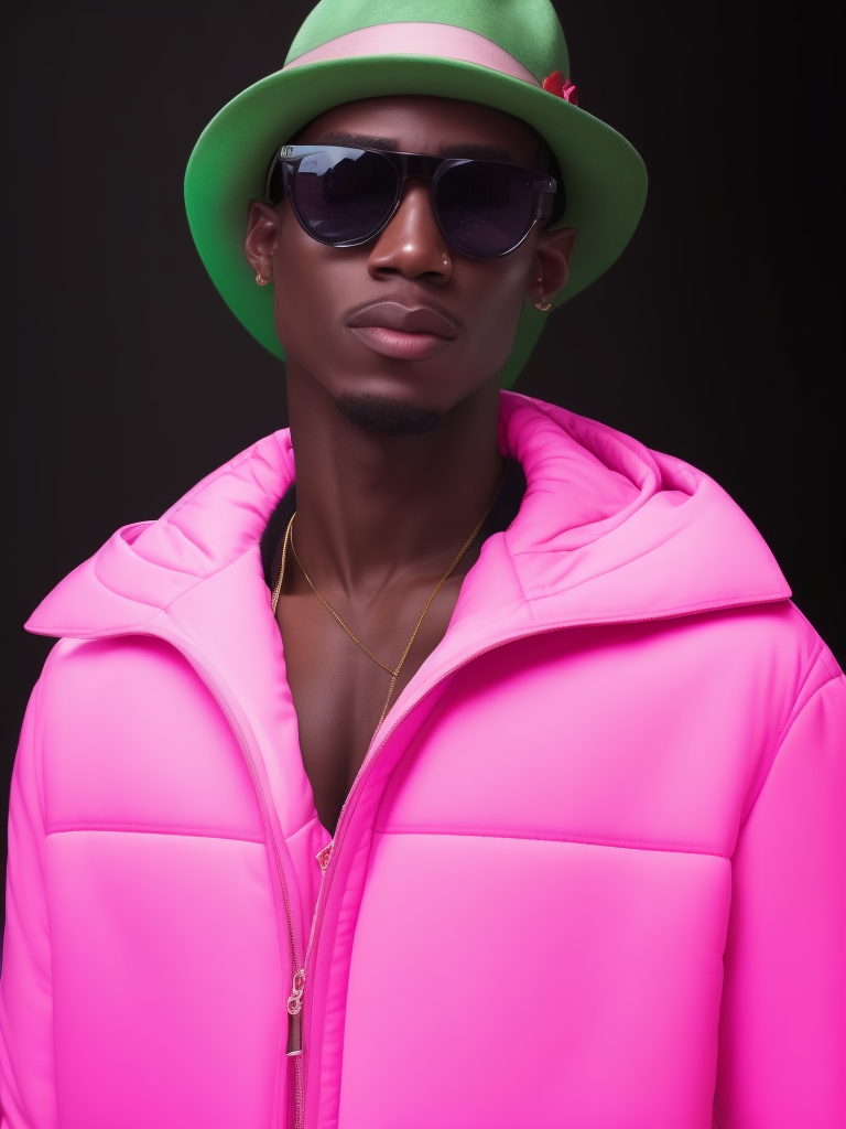 Black male fashion model, Wearing a pink jacket and a green panama hat, large black sunglasses, Black background, Bright and rich colors, bright saturated color, sharp focus,