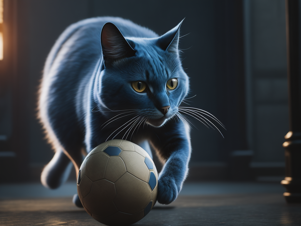 синий кот, играющий с мячом