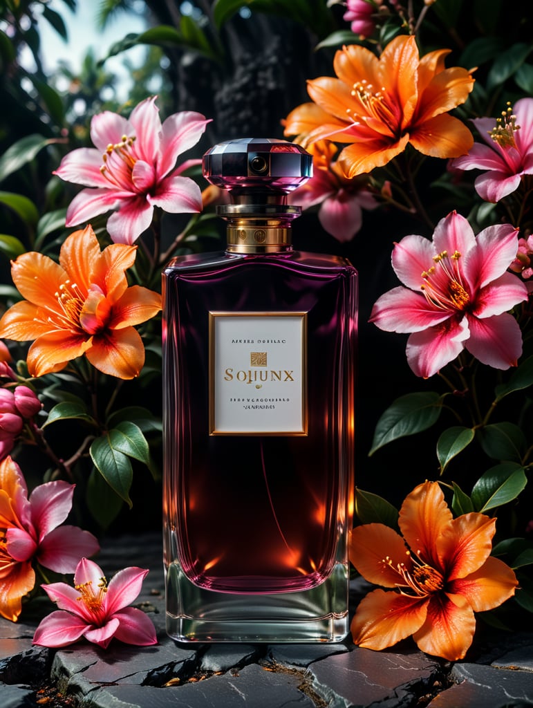 Luxury perfume bottle with blanc label, floral background, pink and orange flowers