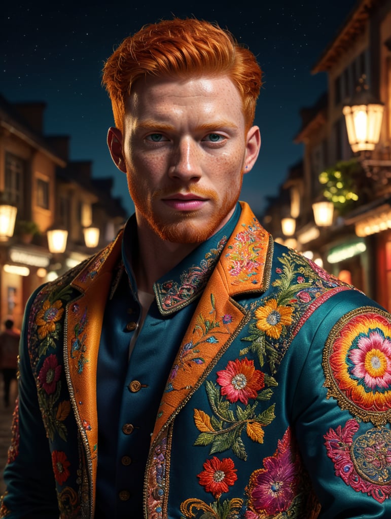 Beautiful ginger man with freckles, wearing a colorful, vibrant, detailed embroidered jacket, medium-full shot, at night