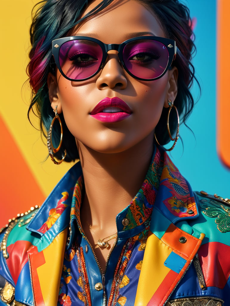 Rihanna wearing a brightly patterned jacket and wayfarer glasses, Vivid saturated colors, Contrast color