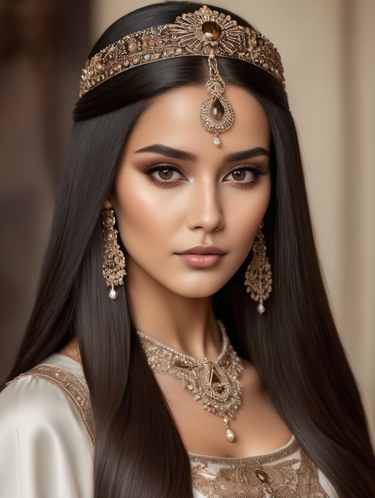 Beautiful queen, dark long straight hair, dark fabric, head accessories and brown eyes