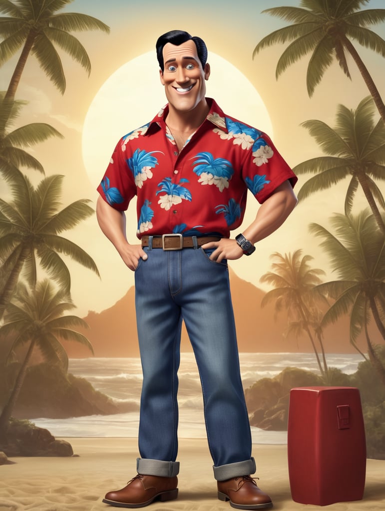 Glenn Quagmire appears Caucasian adult male with short 50's-style-combed raven hair. He has a big chin with a deep cleft and a long nose. He wears a red Hawaiian shirt, blue jeans, and brown shoes.