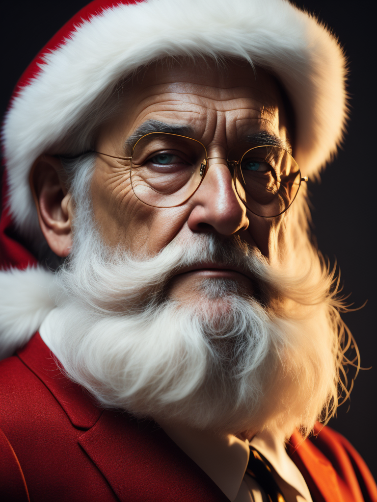 Portrait of Santa Claus, bright and saturated colors, elegant, highly detailed, vogue, fashion magazine, sharp focus, bright expressive makeup, dramatic lighting, depth of field, incredibly high detailed, blurred background