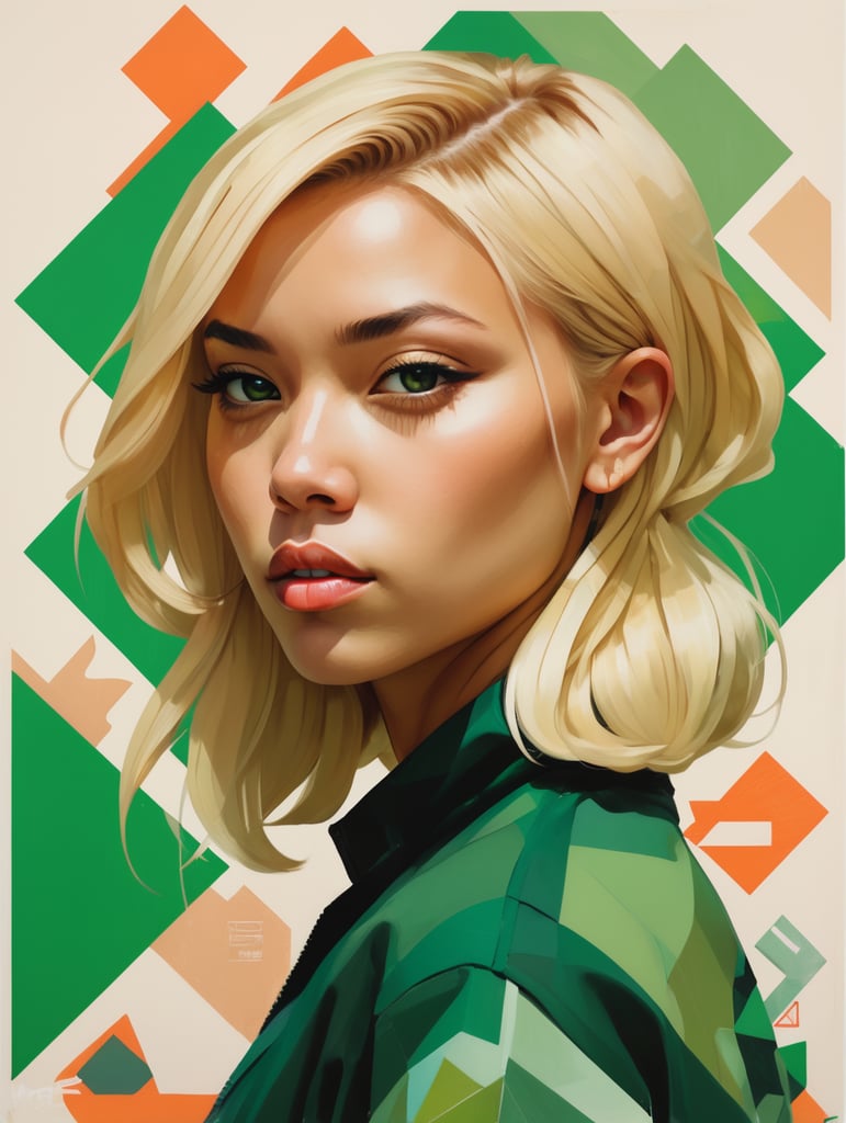 Abstract 1998 european blond hiphop girl by sachin teng x supreme, attractive, stylish, designer, green, asymmetrical, geometric shapes, graffiti, street art
