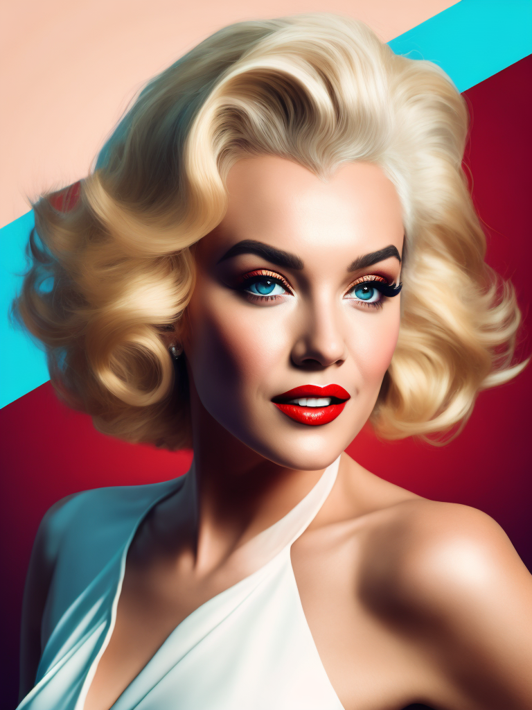 Portrait of Marilyn Monroe, ultra realistic, blonde hair, white dress, bright makeup, gradient background,