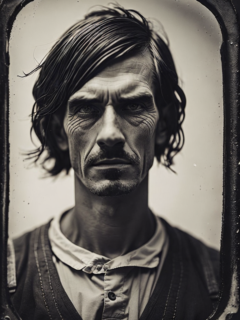 a wet plate photograph of a scary farmer with dark bob haircut, white eye, neutral emotions on his face