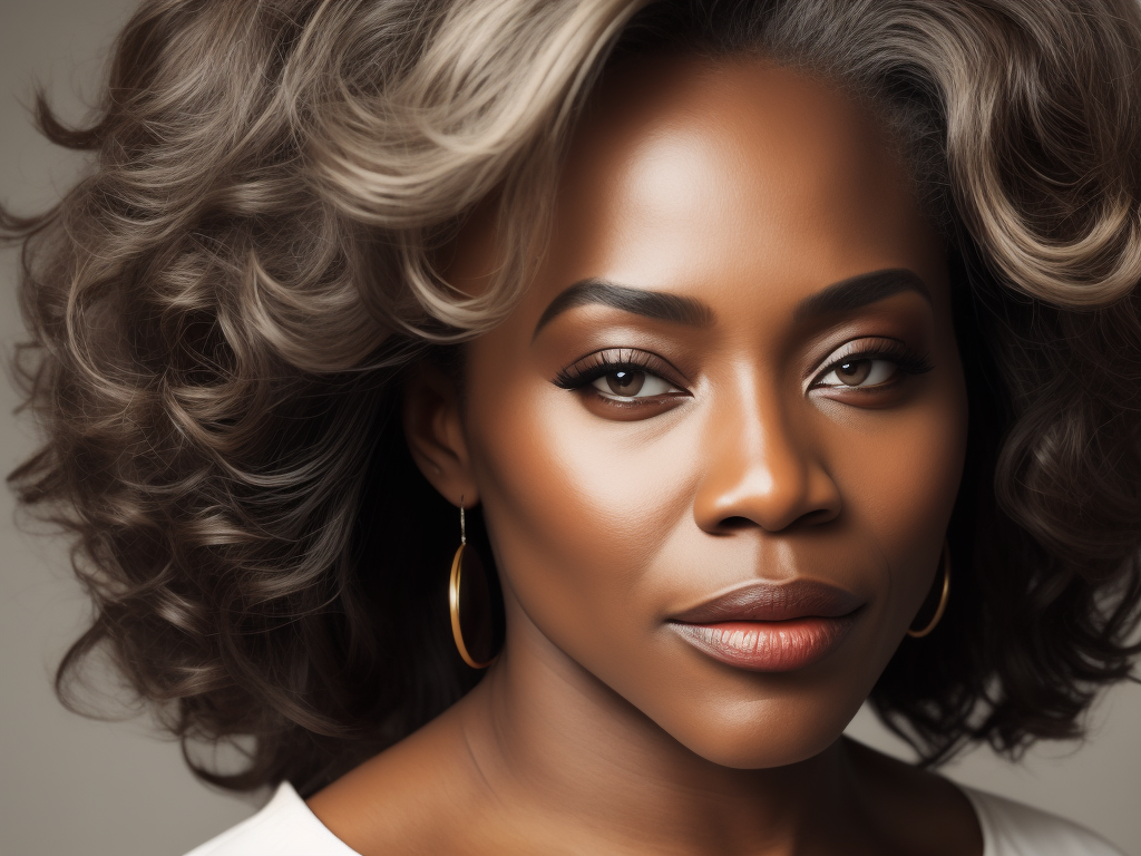 A 40yr old African supermodel with classic natural Chanel make-up and beautifully styled hair, beautiful pores and skin texture, wearing plain neutral colour top with open neckline, detailed high resolution image, grey hair, natural Clinique style image, soft lighting, gentle expression, she is content with her age