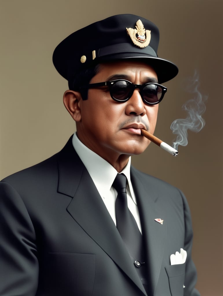 presiden soekarno menggunakan jas hitam, kacamata hitam dan peci hitam sedang merokok
