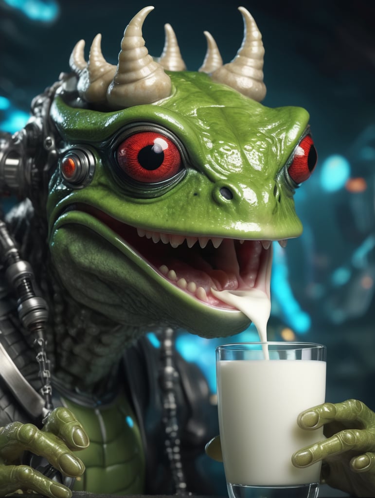 Evil demonic AI god Satanic frog holding a glass of milk above a human brain, super advanced technology, futuristic, hyper digital background, extremely detailed and realistic, ominous and eery.