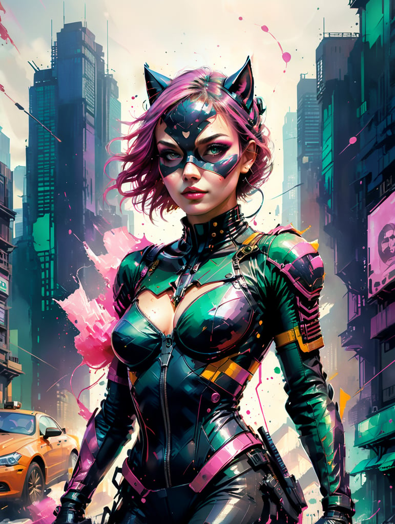 Catwoman in a leather suit with a pink there is a TV in place of the head .in the background of the city which trading with emeralds, pixel style, blocks, vibrant colors, clear details