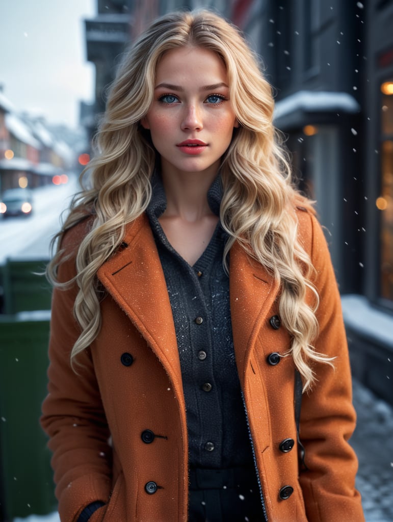 professional photography norwegian girl winter clothing long wavy blonde hair sultry flirty look freckles symmetrical face natural makeup warm winter fashion snowy city street