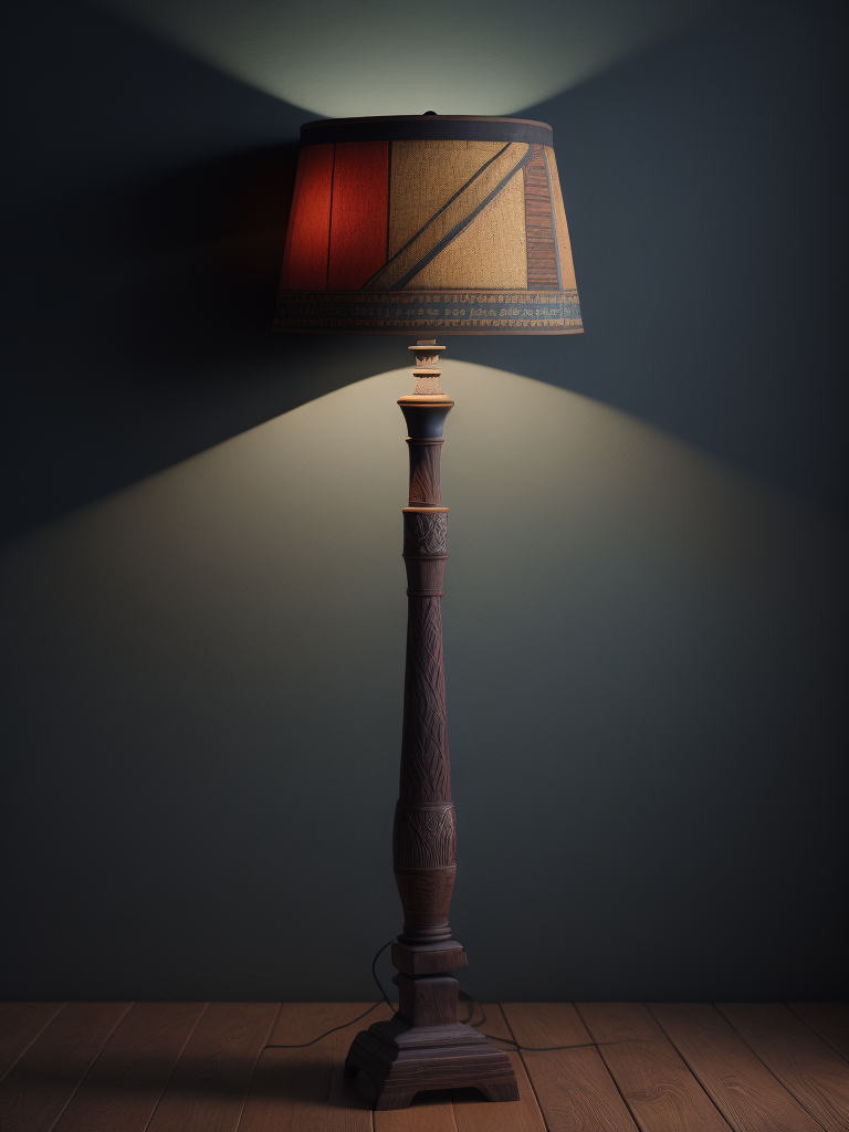 Floor lamp with carved wooden leg, first nation motives, north america redskin