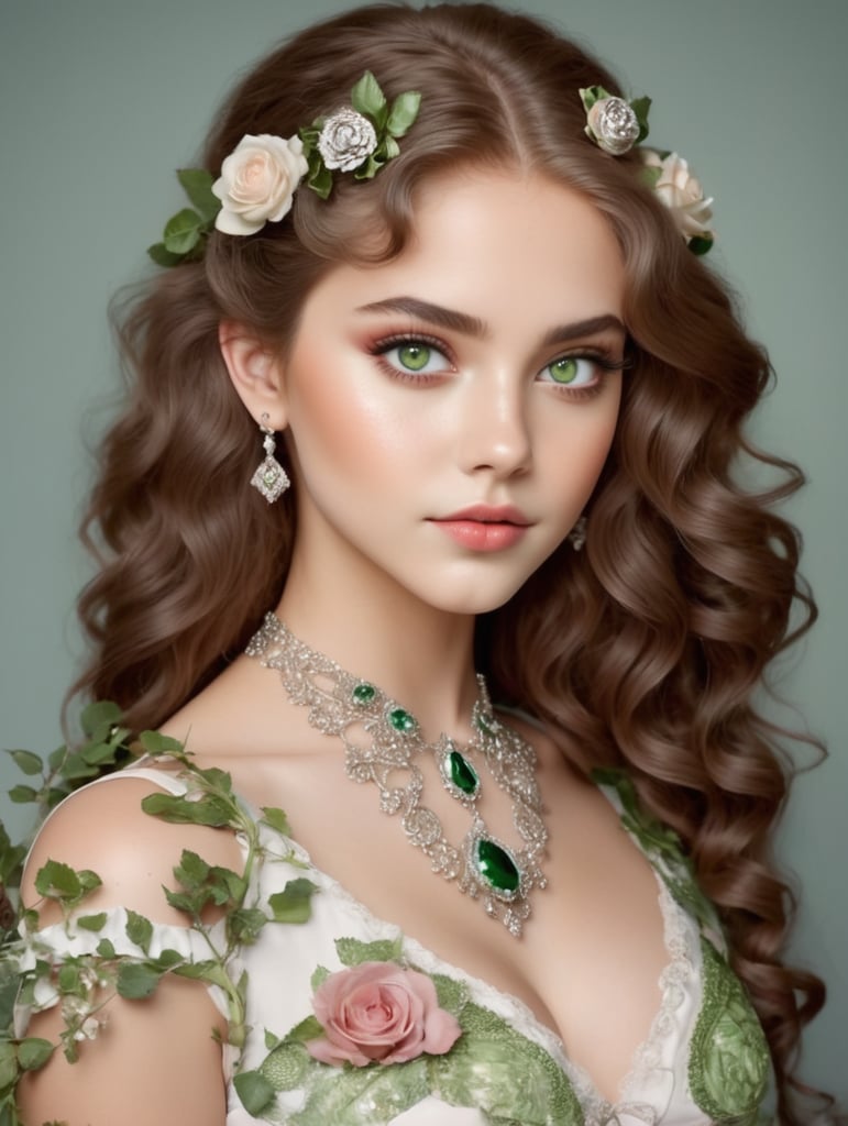 dziewczynka, białe długie kręcone włosy, duże zielone oczy, róże, kwiaty, brylanty