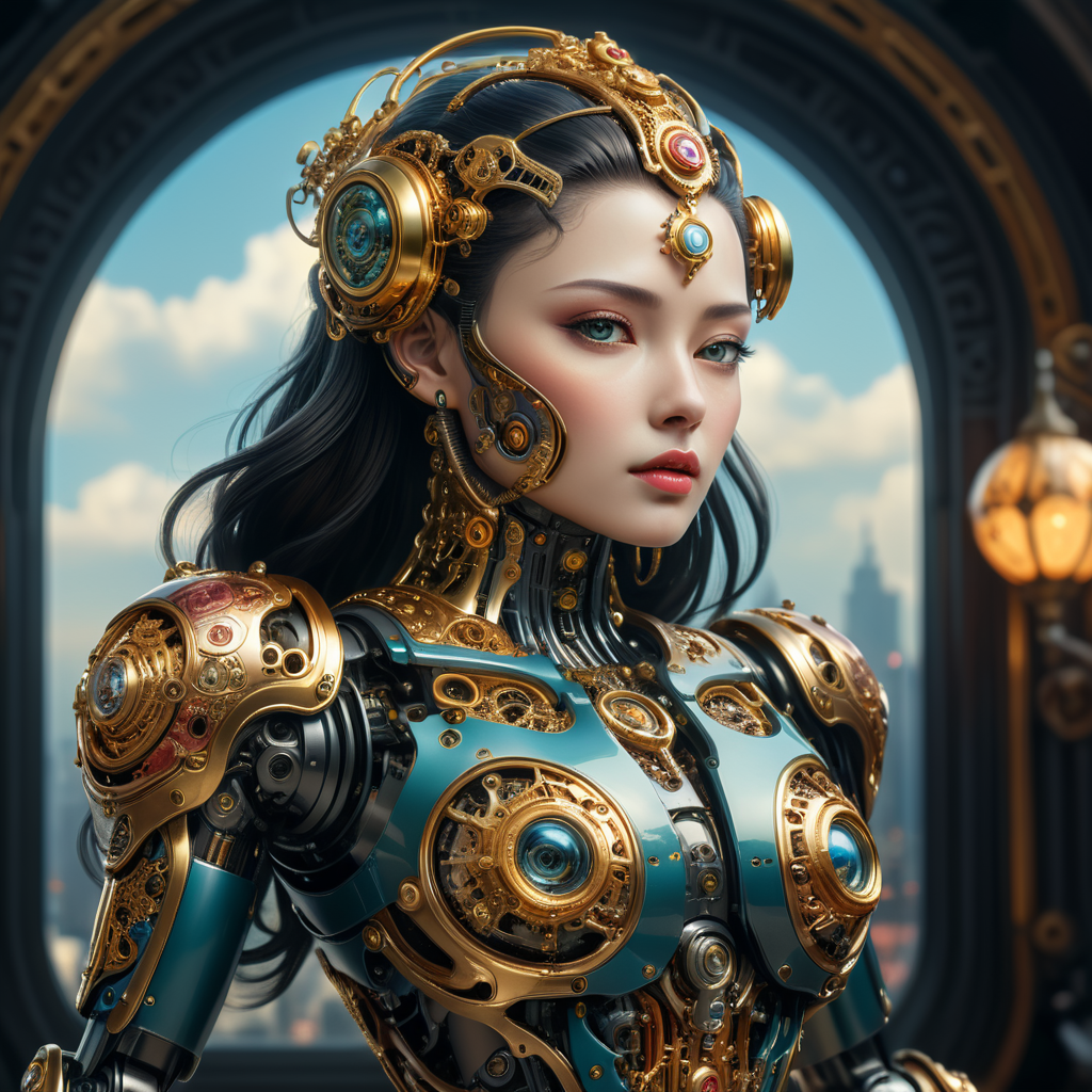 A female robot with an art Nouveau cyberpunk aesthetic, body is made from a delicate mechanical ornamental exterior reminiscent of a delicate gleaming porcelain and gold trimmed filigree should reveal a hollow see through body, hyper-surrealistic detailed 3d rendering digital art style, background galaxy sky