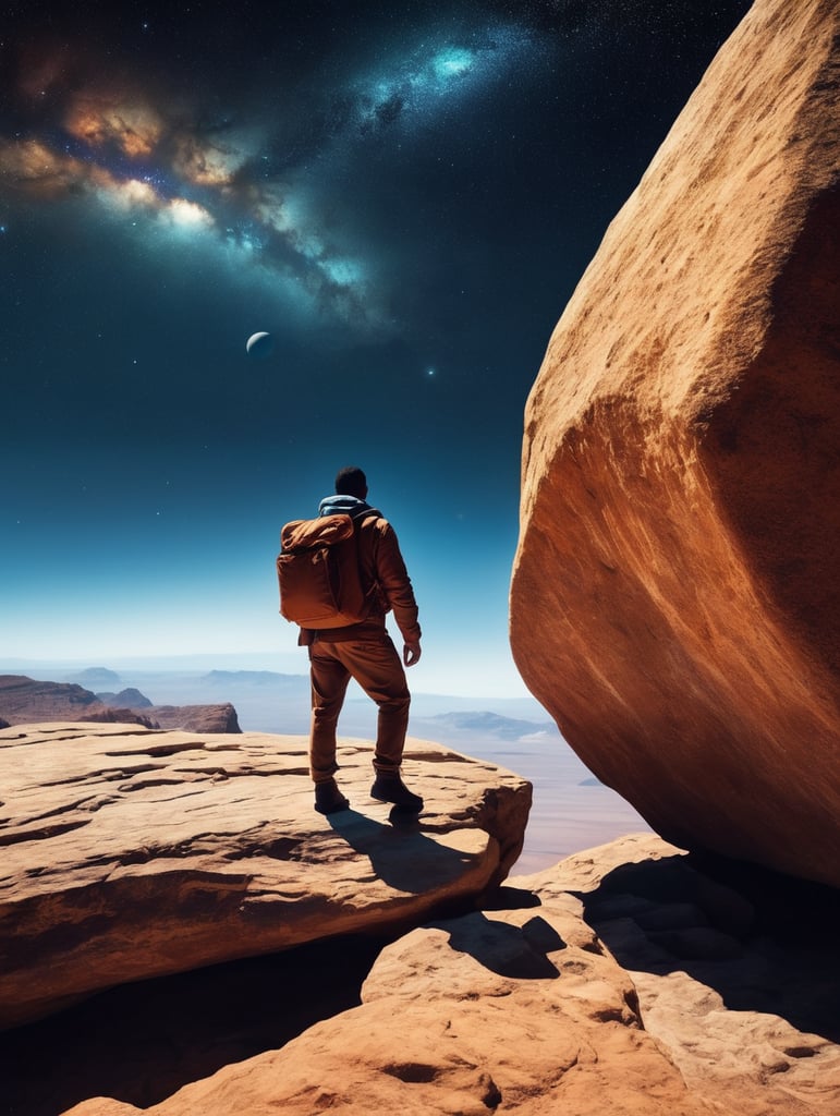 Space traveler in a rock in middle of the universe