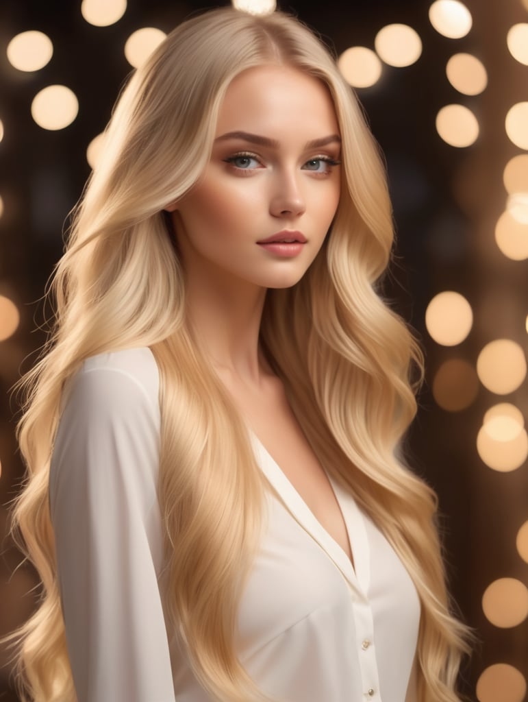 Describe a girl model showcasing the latest fashion trends, her long blonde hair flowing effortlessly. Infuse the scene with a flirtatious and tempting vibe, illuminated by dreamy lighting effects in mesmerizing 4K