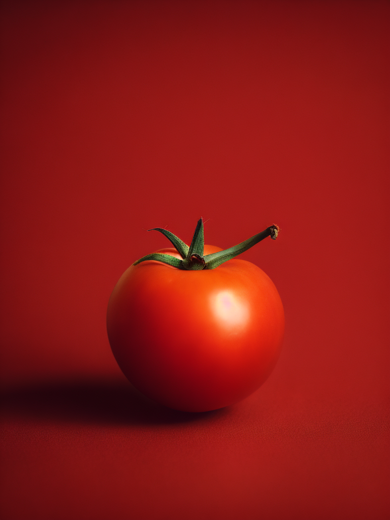 one tomato on a red background, highly detailed macro photo, magazine cover photo