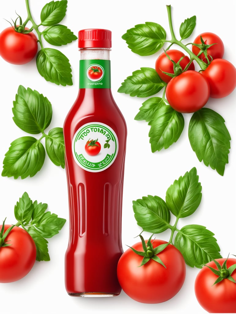 tomato ketchup bottle, red tomato with green leaves, isolated, white background