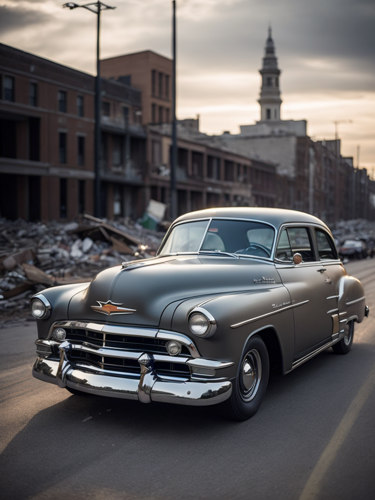 1952 Gray Chevrolet goes through bombed city, world war 2