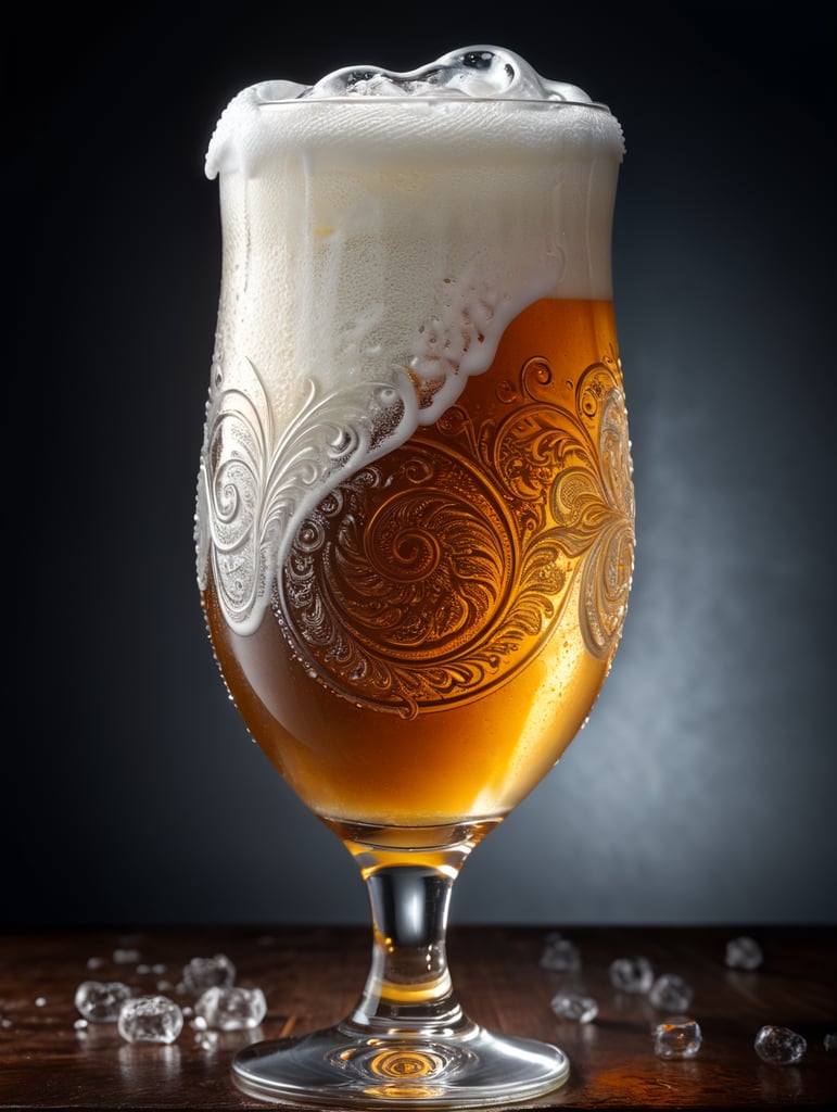 stunning interpretation of drafy beer, beer swirl inside glass, white foam on top, transparent beer, frozen glass, advertisement, highly detailed and intricate, hypermaximalist