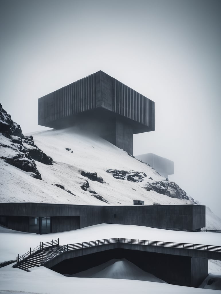 Ultra wide angke cinematic photo of a mesmerically moody dark and gloomy massively monolithic scandinavian minimalism brutalist futuristic structure on an icelandic norwegian scandinavian mountain exterior between two worlds with snow mist and fog and dust styled