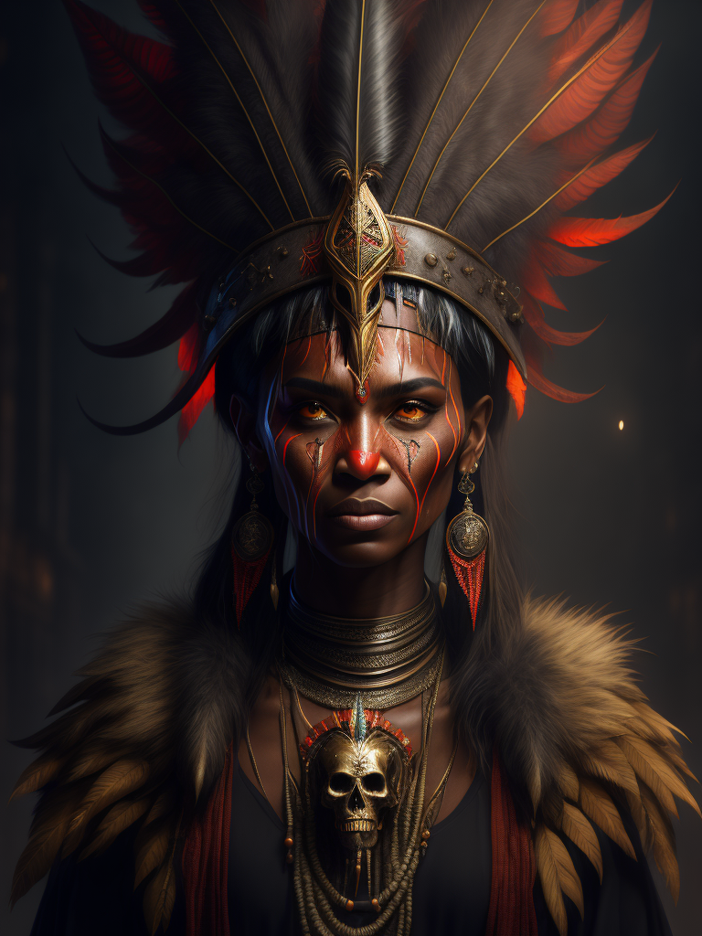 full-length portrait of a witch doctor wearing a feather headdress, holding a glowing skull floating, red face warpaint, ghostly, horror background, fantasy concept art, highly detailed