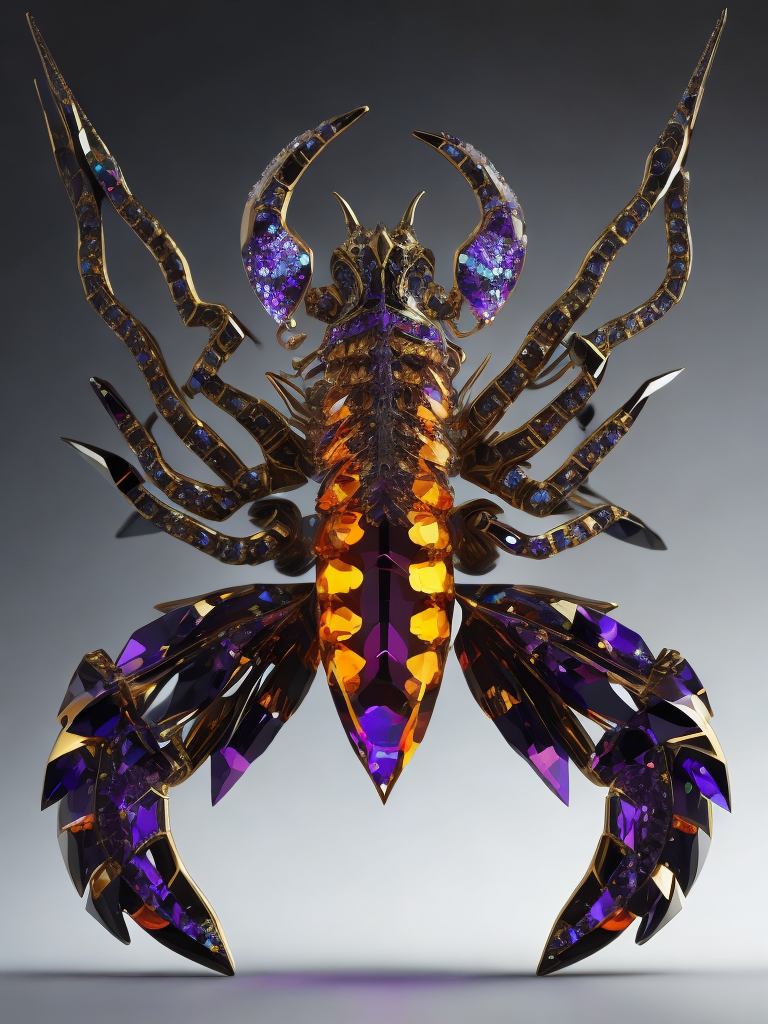 A crystal scorpion in swarovski style, vibrant colors, high detail, contrast light, sharp focus