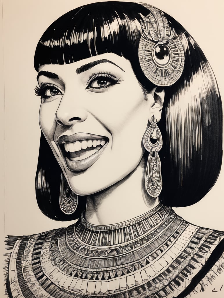 Happy Cleopatra, Ink pen sketch, low light, low detail,