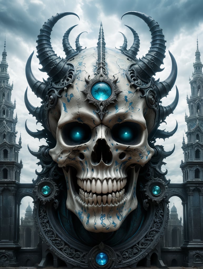 ultra-hd photography, Imagine a towering figure that embodies the nightmarish fusion of a demonic presence and ornate gothic architecture. Its skull-like face gazes forward with piercing, electric-blue eyes that illuminate the shadows. Its skin has the texture of weathered bone, with intricate, baroque designs etched into its surface, giving it an almost armored appearance. Atop its head, two massive, spiraled horns twist towards the heavens, resembling the dark, wrought iron of an ancient gate. Its broad shoulders are accentuated by wing-like structures that cascade downwards, adorned with fine, detailed scrollwork. The entire being is enveloped in an aura of spectral mist, with a color palette dominated by blacks, silvers, and icy blues, highlighting the chilling elegance of its form. Subtle hints of crimson and deep sea green add a touch of otherworldly energy to the figure, as if it's pulsing with a malevolent life force. This entity seems to be not just a creature, but a monument to darkness