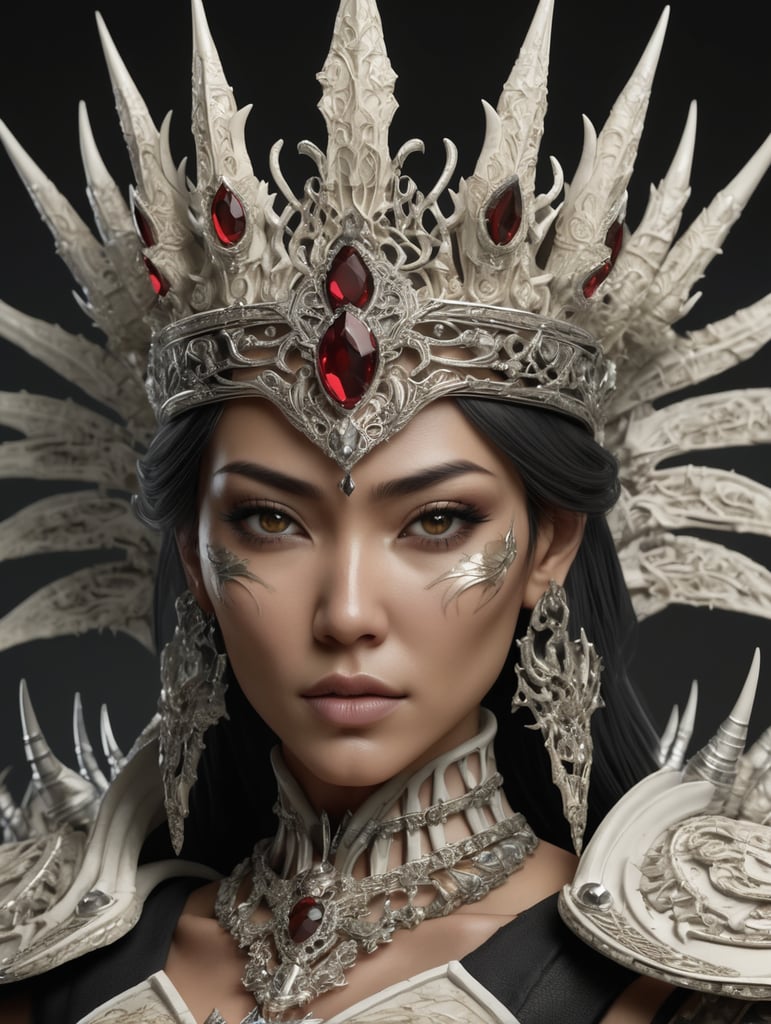 female mortal Kombat character wearing filigree bone jewel amour and a ultra realistic crown made of bones and thorns. must be hyper detailed and intricate.