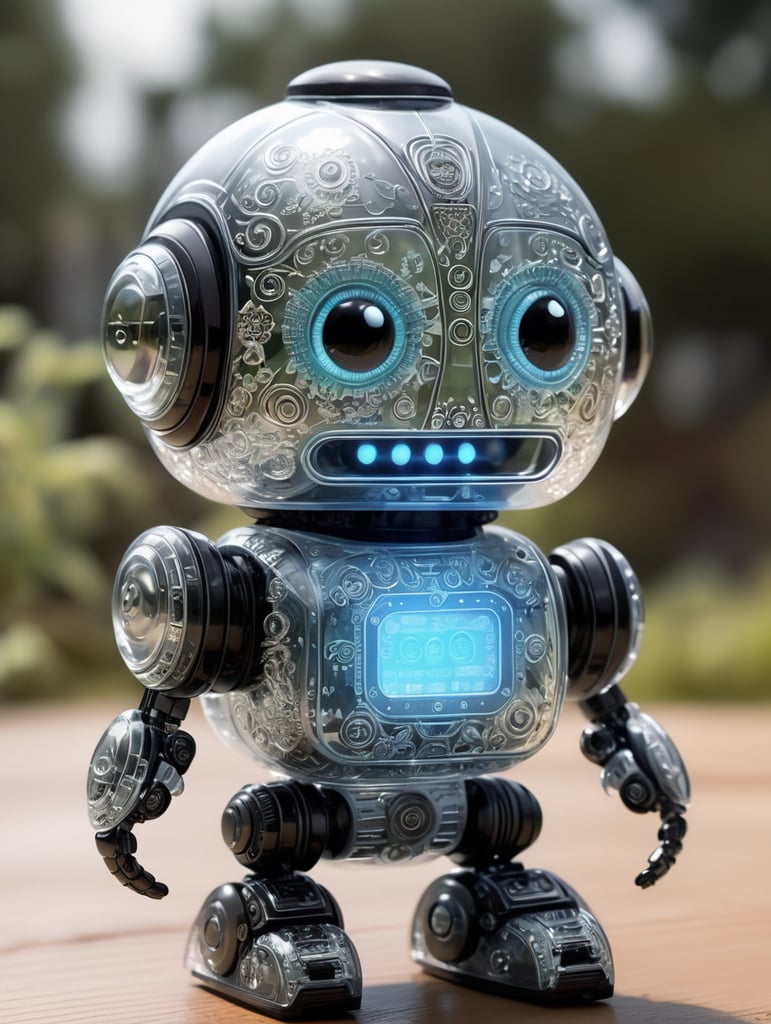 Cute aesthetic, a (tiny cute translucent polycarbonate robot) with an led screen face, emoticon, stunning render, intricate details