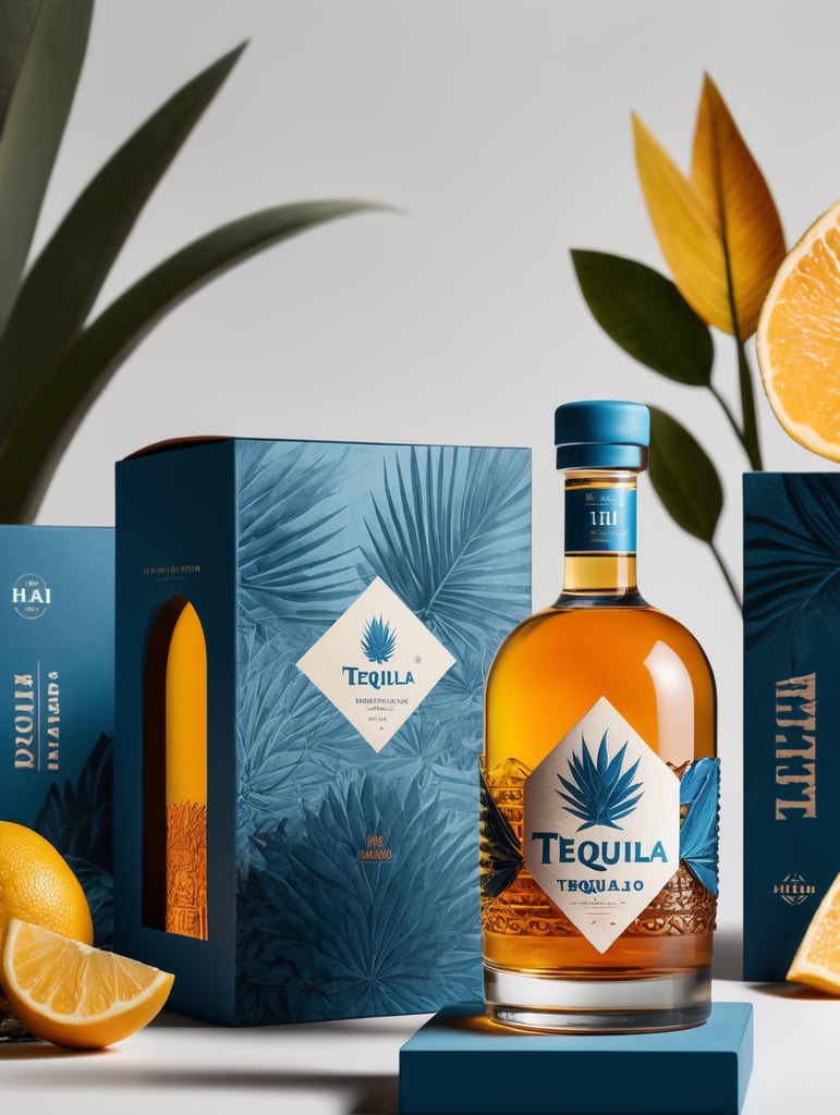 Packaging and branding for a tequila brand as if it had been designed by HI ESTUDIO with In a set design with bricks, Blue agave and dry leaves.