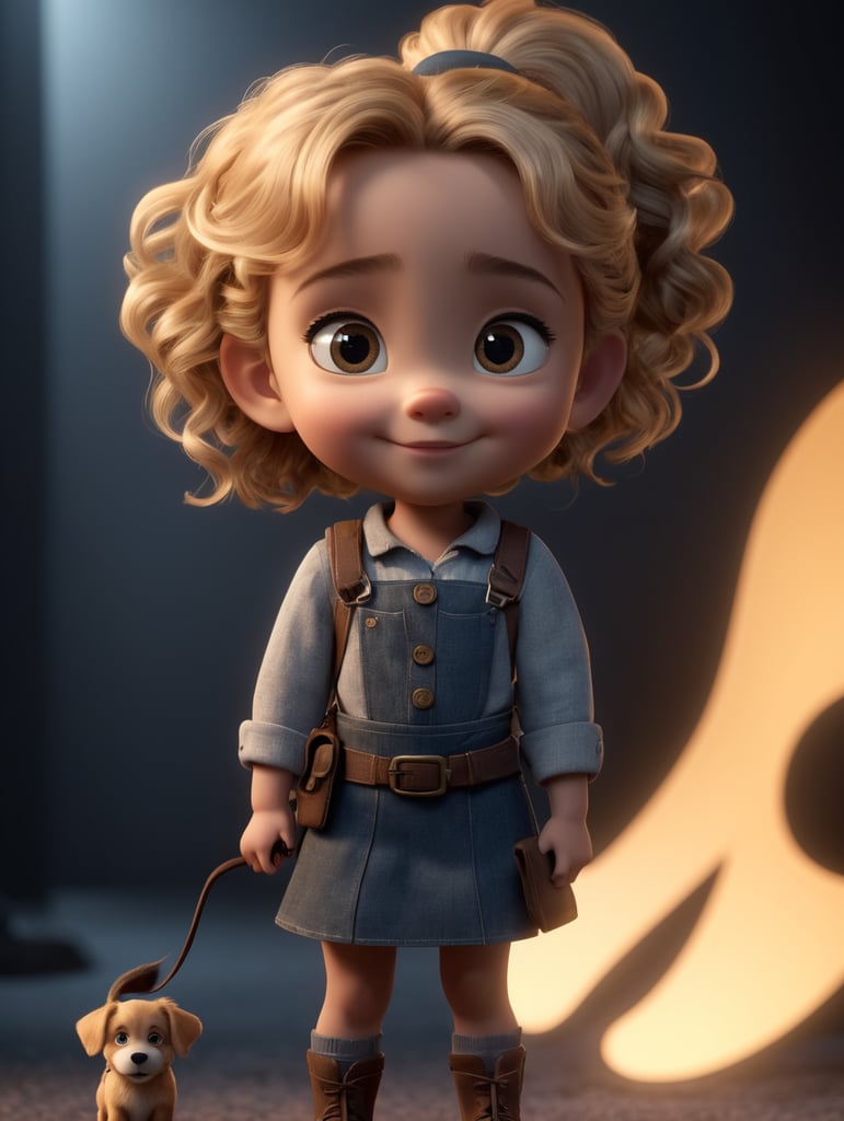 a young girl with dog, creative, and kind-hearted person with long, curly blonde hair, big eyes, small nose, and a smiling mouth, standing centered in 3D style, rendered using beautiful Disney animation, Pixar style, Disney style, 3D style
