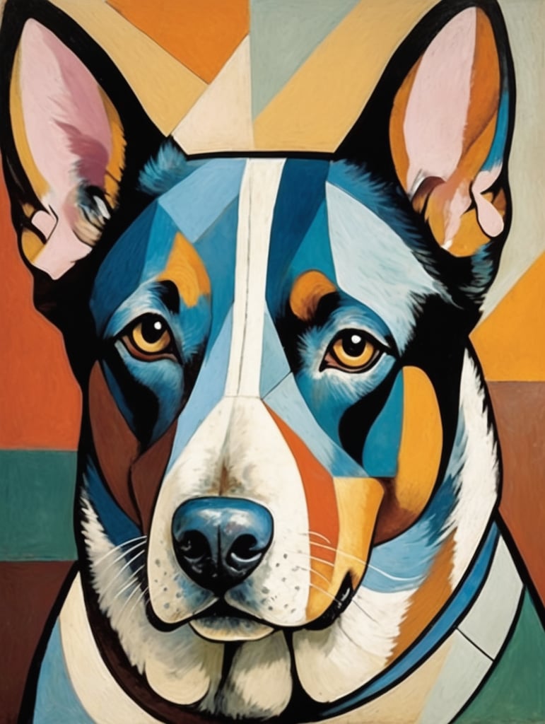 dog's face, pablo picasso, cubism, vibrant colors