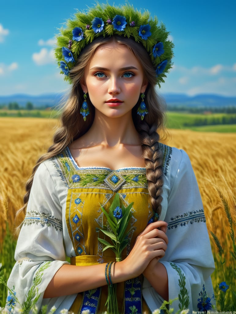 beautiful Ukrainian girl in national dress and a wreath of green rye and blue flowers background of the field