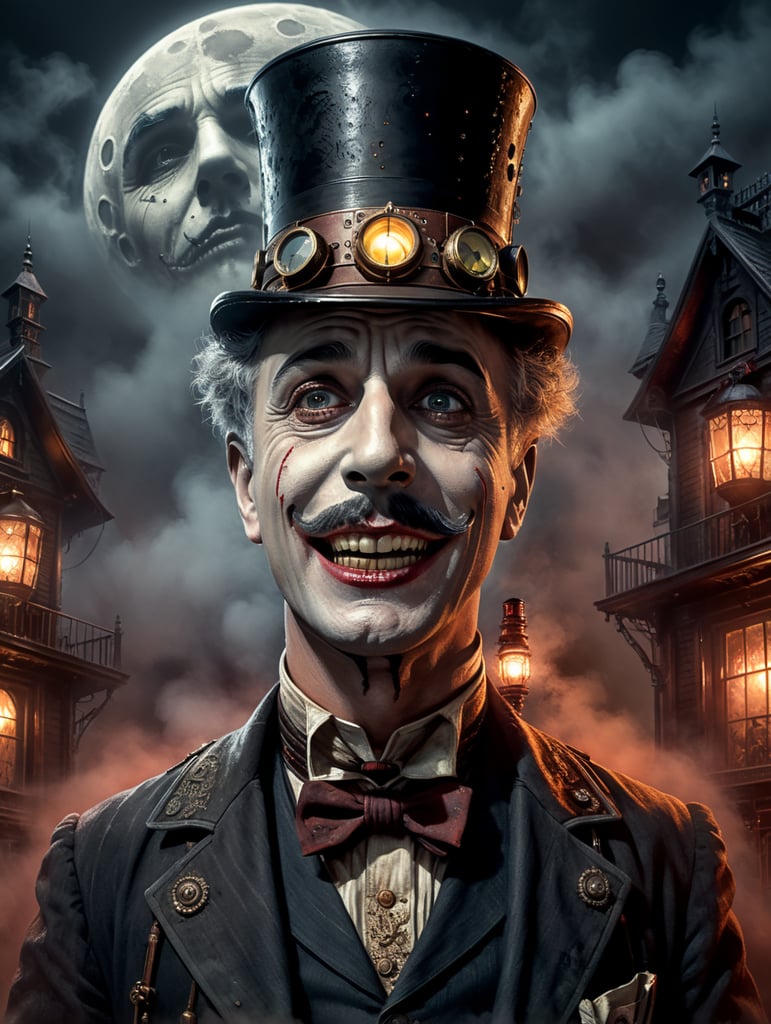 Portrait of Charlie Chaplin in a horror show with blood in a steampunk house with night moon lighting and fog