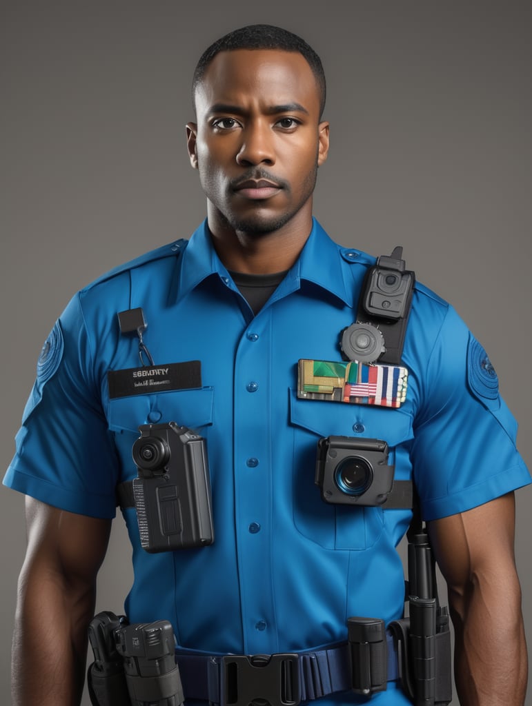 black man wearing cerulean blue military uniform, body cam, collar detail, security belt with gadgets, armed, serious look