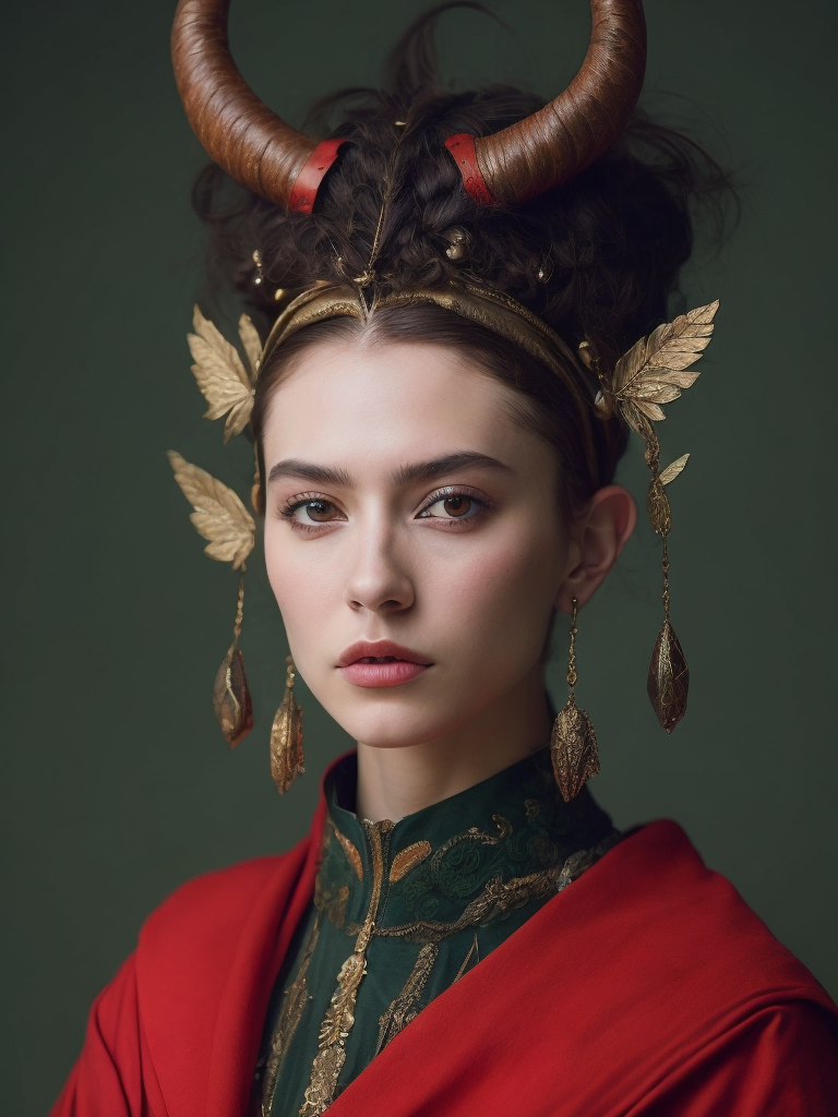 a girl wears a headdress with horns on it, in the style of hyperrealistic wildlife portraits, dark green and red, sofonisba anguissola, bess hamiti, medieval art, naturalistic depictions of flora and fauna, glen orbik