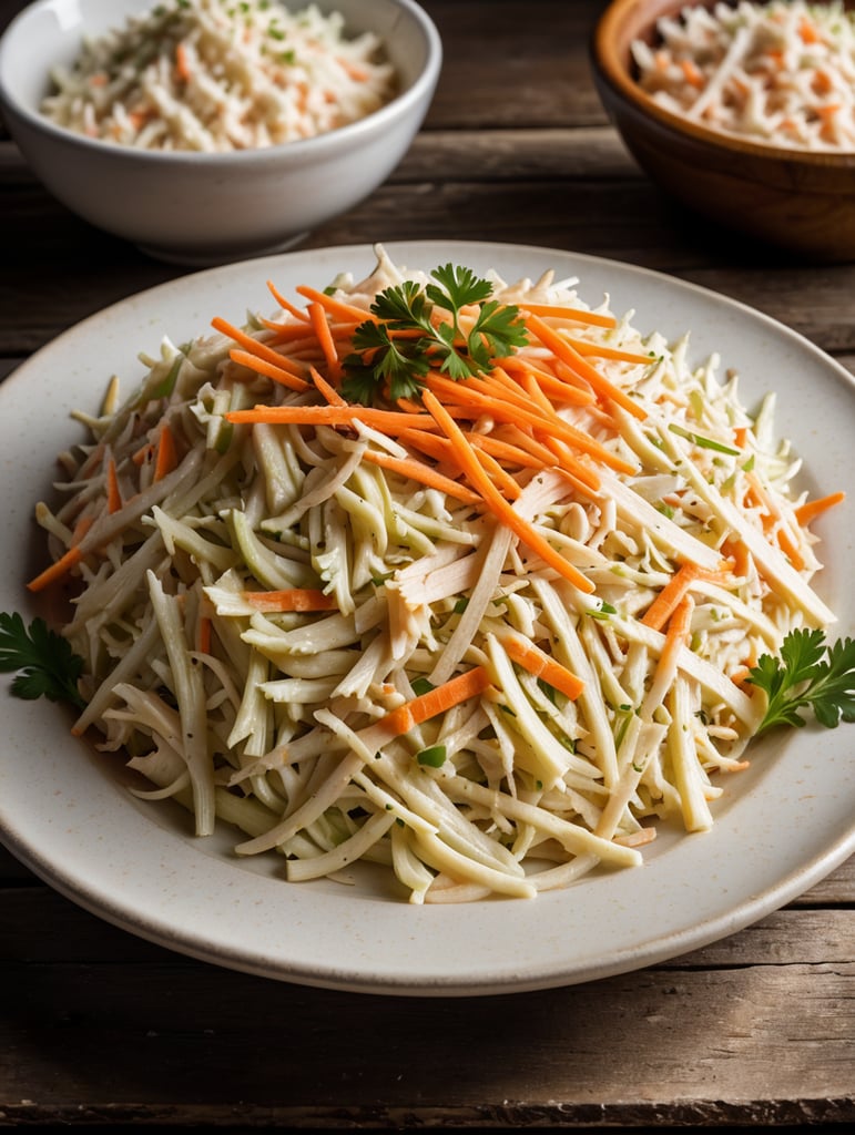 Coleslaw, small plate on a wooden table, Description: A classic side dish made from shredded cabbage and carrots, mixed with a creamy mayonnaise-based dressing or a tangy vinegar-based dressing, often served with barbecue and fried foods.